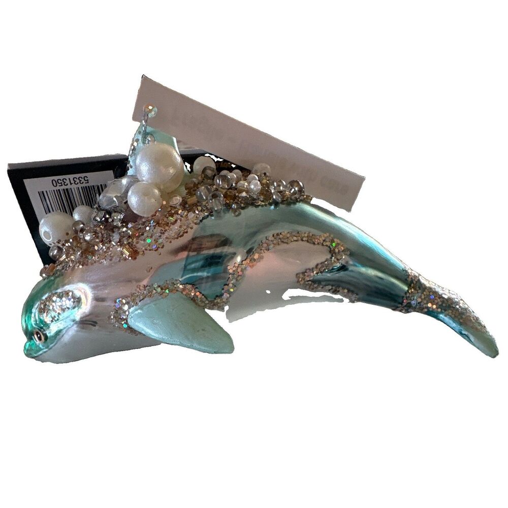 Robert Stanley Home Collection Blue Silver Dolphin Ornament Glitter Beads 5.25in